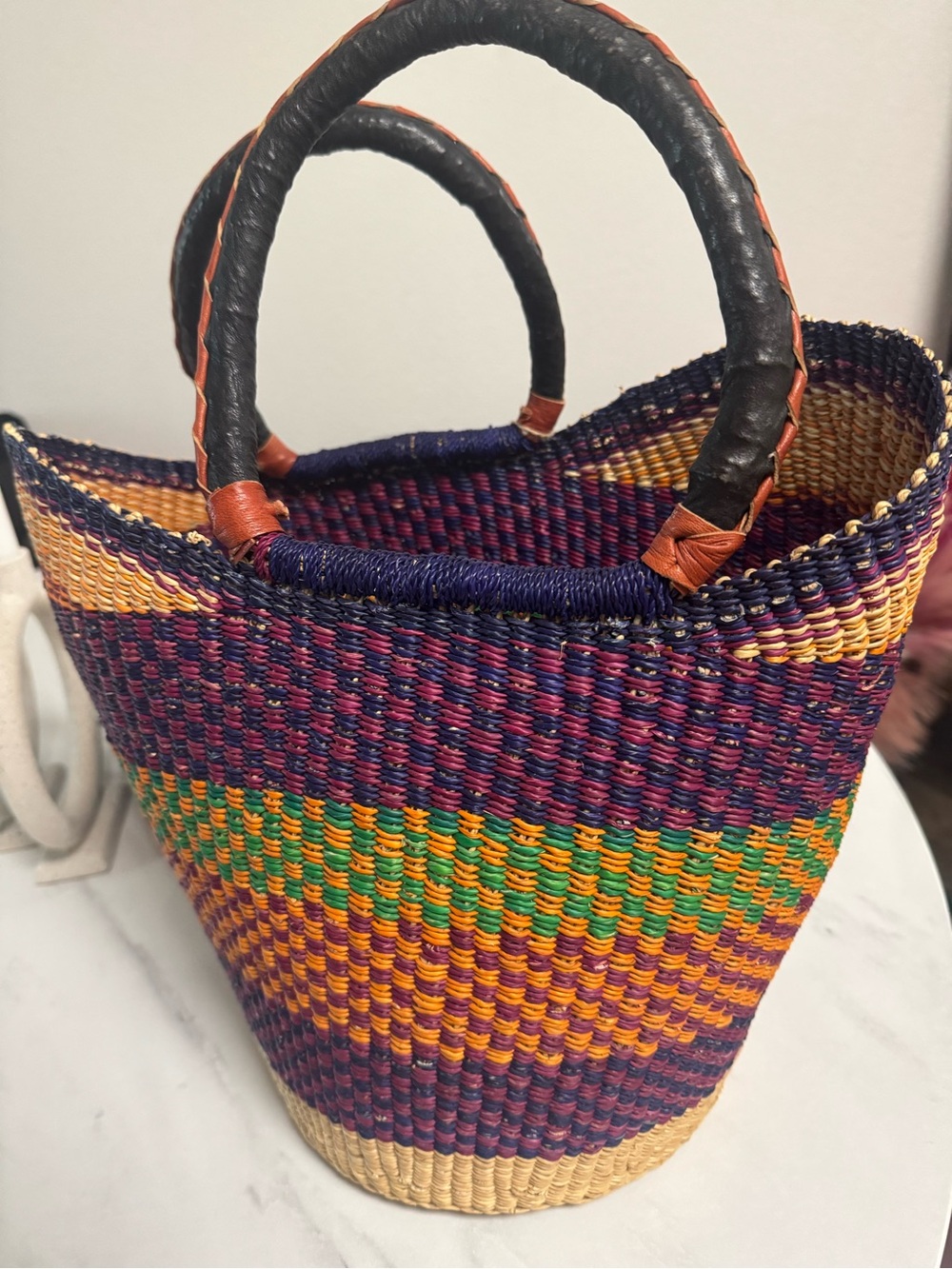 Handwoven Multicolor Straw Tote Bag - Purple, Yellow & Green